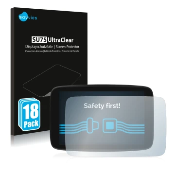 Front side of a product packaging with the brand logo Savvies. Next to it is the device TomTom GO Exclusive shown with the cor