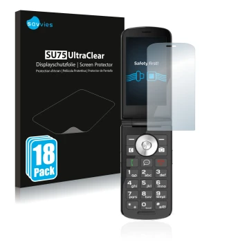 Front side of a product packaging with the brand logo Savvies. Next to it is the device Emporia TOUCHsmart.2 shown with the co