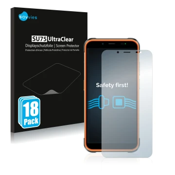 Front side of a product packaging with the brand logo Savvies. Next to it is the device Ulefone Power Armor 16 Pro shown with 