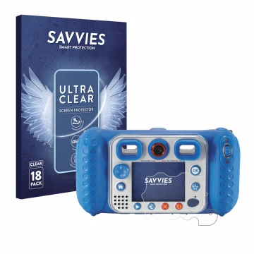Front side of a product packaging with the brand logo Savvies. Next to it is the device Vtech Kidizoom Duo Pro shown with the 