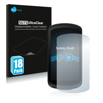 Front side of a product packaging with the brand logo Savvies. Next to it is the device Garmin Edge 1040 Solar shown with the 