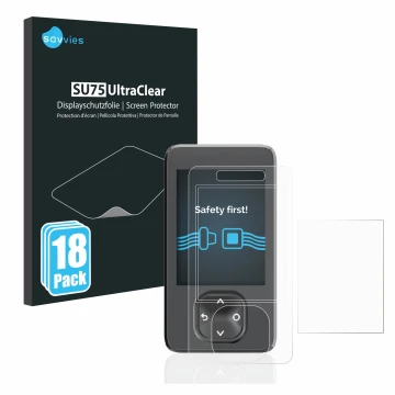 Front side of a product packaging with the brand logo Savvies. Next to it is the device Dexcom G7 CGM shown with the correspon