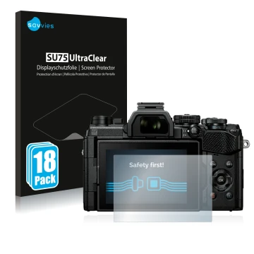 Front side of a product packaging with the brand logo Savvies. Next to it is the device Olympus OM System OM-5 shown with the 