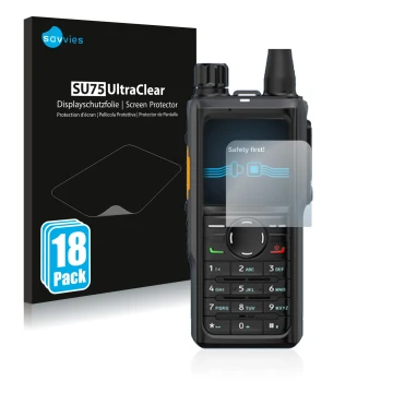 Front side of a product packaging with the brand logo Savvies. Next to it is the device Hytera HP 685 shown with the correspon