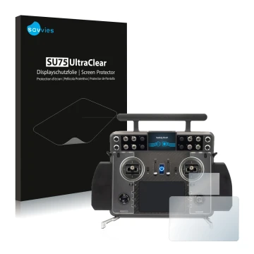 Front side of a product packaging with the brand logo Savvies. Next to it is the device FrSky Tandem XE 2 shown with the corre