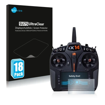 Front side of a product packaging with the brand logo Savvies. Next to it is the device Spektrum iX14 shown with the correspon
