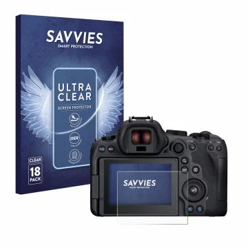 Front side of a product packaging with the brand logo Savvies. Next to it is the device Canon EOS R6 Mark II shown with the co