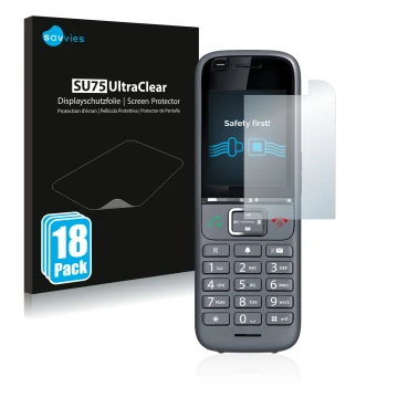 Front side of a product packaging with the brand logo Savvies. Next to it is the device Gigaset S700H PRO shown with the corre