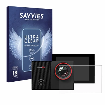 Front side of a product packaging with the brand logo Savvies. Next to it is the device Akaso EK7000 Pro shown with the corres