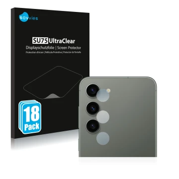 Front side of a product packaging with the brand logo Savvies. Next to it is the device Samsung Galaxy S23 (ONLY Camera Lens) 