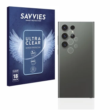 Front side of a product packaging with the brand logo Savvies. Next to it is the device Samsung Galaxy S23 Ultra (ONLY Camera 
