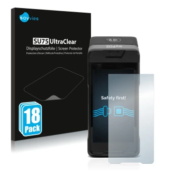 Front side of a product packaging with the brand logo Savvies. Next to it is the device myPOS Carbon shown with the correspond