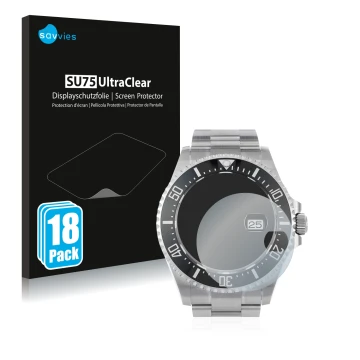 Front side of a product packaging with the brand logo Savvies. Next to it is the device Rolex Sea-Dweller 43mm (Date) shown wi