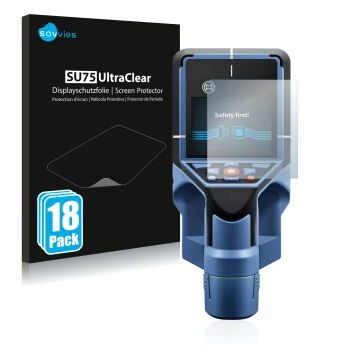Front side of a product packaging with the brand logo Savvies. Next to it is the device Bosch D-tect 200 C Wallscanner shown w