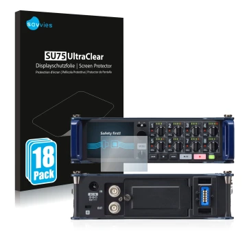 Front side of a product packaging with the brand logo Savvies. Next to it is the device Zoom F8 field recorder shown with the 