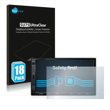 Front side of a product packaging with the brand logo Savvies. Next to it is the device Atoto S8 Standard 7 zoll shown with th
