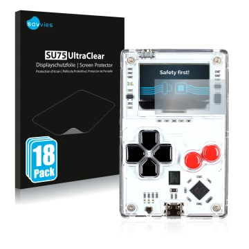Front side of a product packaging with the brand logo Savvies. Next to it is the device Arduboy FX shown with the correspondin
