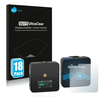 Front side of a product packaging with the brand logo Savvies. Next to it is the device Rode Wireless GO II shown with the cor