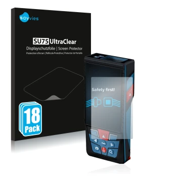 Front side of a product packaging with the brand logo Savvies. Next to it is the device Bosch GLM 150-27c shown with the corre