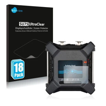 Front side of a product packaging with the brand logo Savvies. Next to it is the device Zoom F3 field recorder shown with the 