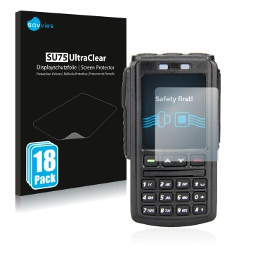 Front side of a product packaging with the brand logo Savvies. Next to it is the device AnyTone BT-01 shown with the correspon
