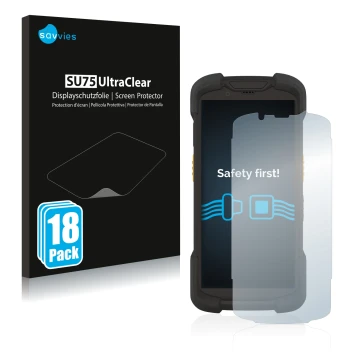 Front side of a product packaging with the brand logo Savvies. Next to it is the device Zebra TC73 shown with the correspondin