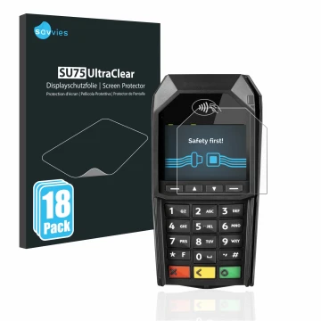 Front side of a product packaging with the brand logo Savvies. Next to it is the device ingenico Desk/1600 shown with the corr