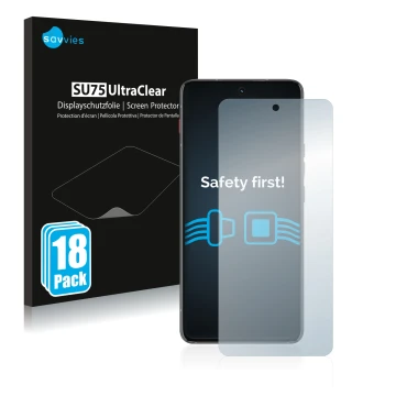 Front side of a product packaging with the brand logo Savvies. Next to it is the device Motorola ThinkPhone shown with the cor