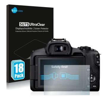 Front side of a product packaging with the brand logo Savvies. Next to it is the device Canon EOS R50 shown with the correspon