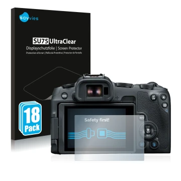 Front side of a product packaging with the brand logo Savvies. Next to it is the device Canon EOS R8 shown with the correspond
