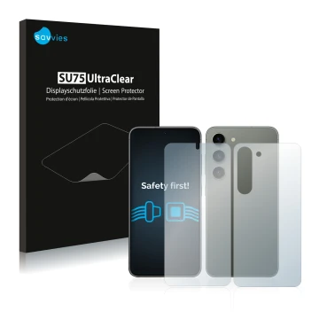 Front side of a product packaging with the brand logo Savvies. Next to it is the device Samsung Galaxy S23 (Front+Back) shown 