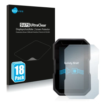 Front side of a product packaging with the brand logo Savvies. Next to it is the device Ducati DesertX 2022 shown with the cor