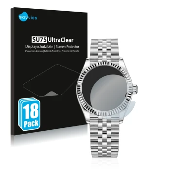 Front side of a product packaging with the brand logo Savvies. Next to it is the device Rolex Datejust 31 shown with the corre