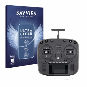 Front side of a product packaging with the brand logo Savvies. Next to it is the device Radiomaster Boxer shown with the corre