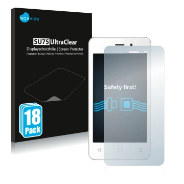 Front side of a product packaging with the brand logo Savvies. Next to it is the device NUU Mobile A1 shown with the correspon