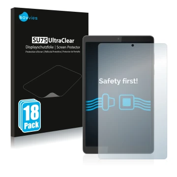 Front side of a product packaging with the brand logo Savvies. Next to it is the device Lenovo Tab M8 (4th Gen.) shown with th