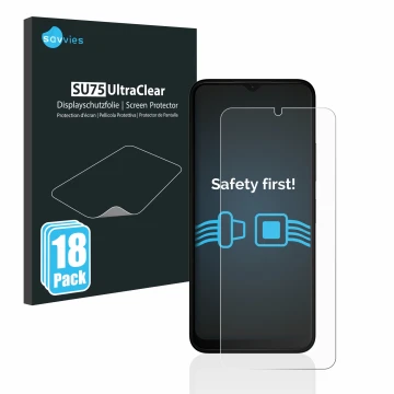 Front side of a product packaging with the brand logo Savvies. Next to it is the device Nokia C32 shown with the corresponding