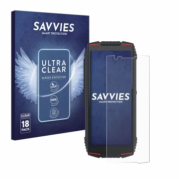 Front side of a product packaging with the brand logo Savvies. Next to it is the device Cubot King Kong Mini 3 shown with the 