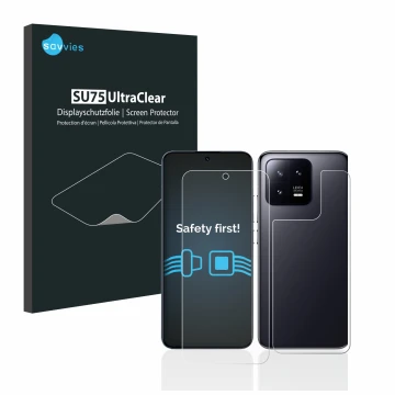 Front side of a product packaging with the brand logo Savvies. Next to it is the device Xiaomi 13 (Front+Back) shown with the 