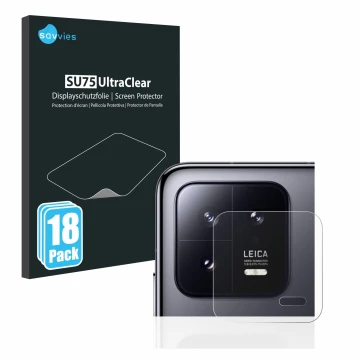 Front side of a product packaging with the brand logo Savvies. Next to it is the device Xiaomi 13 (ONLY Camera Lens) shown wit