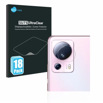 Front side of a product packaging with the brand logo Savvies. Next to it is the device Xiaomi 13 Lite (ONLY Camera Lens) show