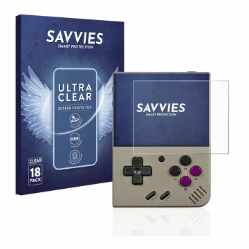 Front side of a product packaging with the brand logo Savvies. Next to it is the device Miyoo Mini Plus shown with the corresp
