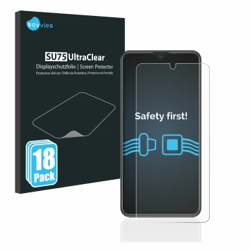 Front side of a product packaging with the brand logo Savvies. Next to it is the device Beafon M6s premium shown with the corr