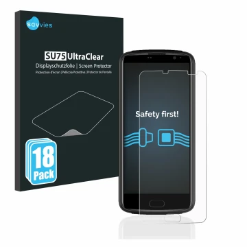 Front side of a product packaging with the brand logo Savvies. Next to it is the device Beafon M7 Lite premium shown with the 