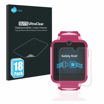 Front side of a product packaging with the brand logo Savvies. Next to it is the device TCL Movetime Family Watch MT42X shown 