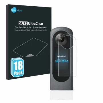 Front side of a product packaging with the brand logo Savvies. Next to it is the device Ricoh Theta X shown with the correspon