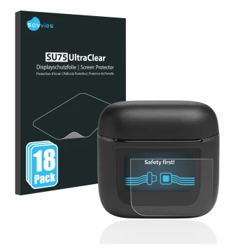 Front side of a product packaging with the brand logo Savvies. Next to it is the device JBL Tour Pro 2 shown with the correspo