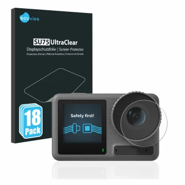 Front side of a product packaging with the brand logo Savvies. Next to it is the device DJI Osmo Action 3 (Lens) shown with th