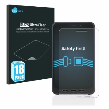 Front side of a product packaging with the brand logo Savvies. Next to it is the device Samsung Galaxy Tab Active 3 Enterprise