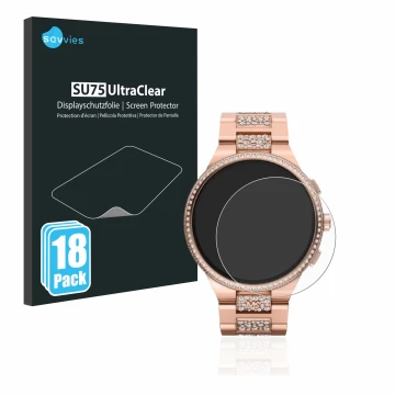 Front side of a product packaging with the brand logo Savvies. Next to it is the device Michael Kors Camille Gen 6 MKT5147 sho